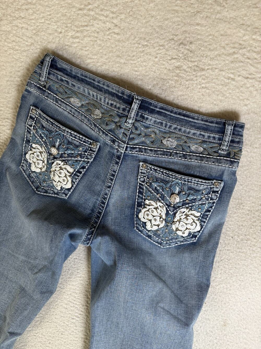 Y2K Telepatia Jeans Womens 15 34x25 Blue Embroidered Jeweled Sequins Flap Pocket